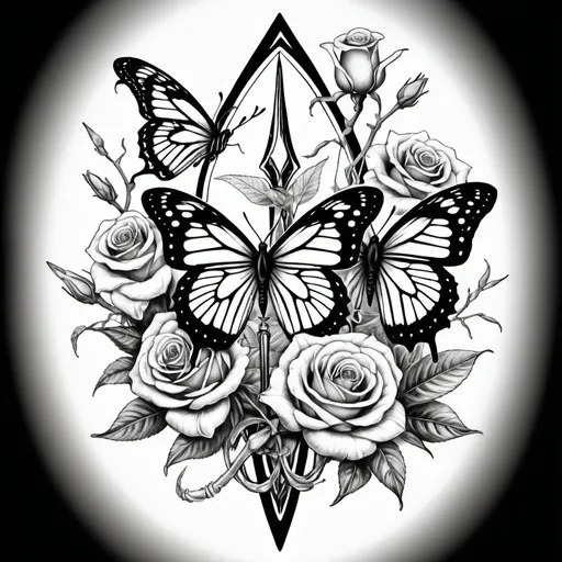 Prompt:  sketch a butterfly and tiger lillies with roses and thorns twined down a dagger  black and white 