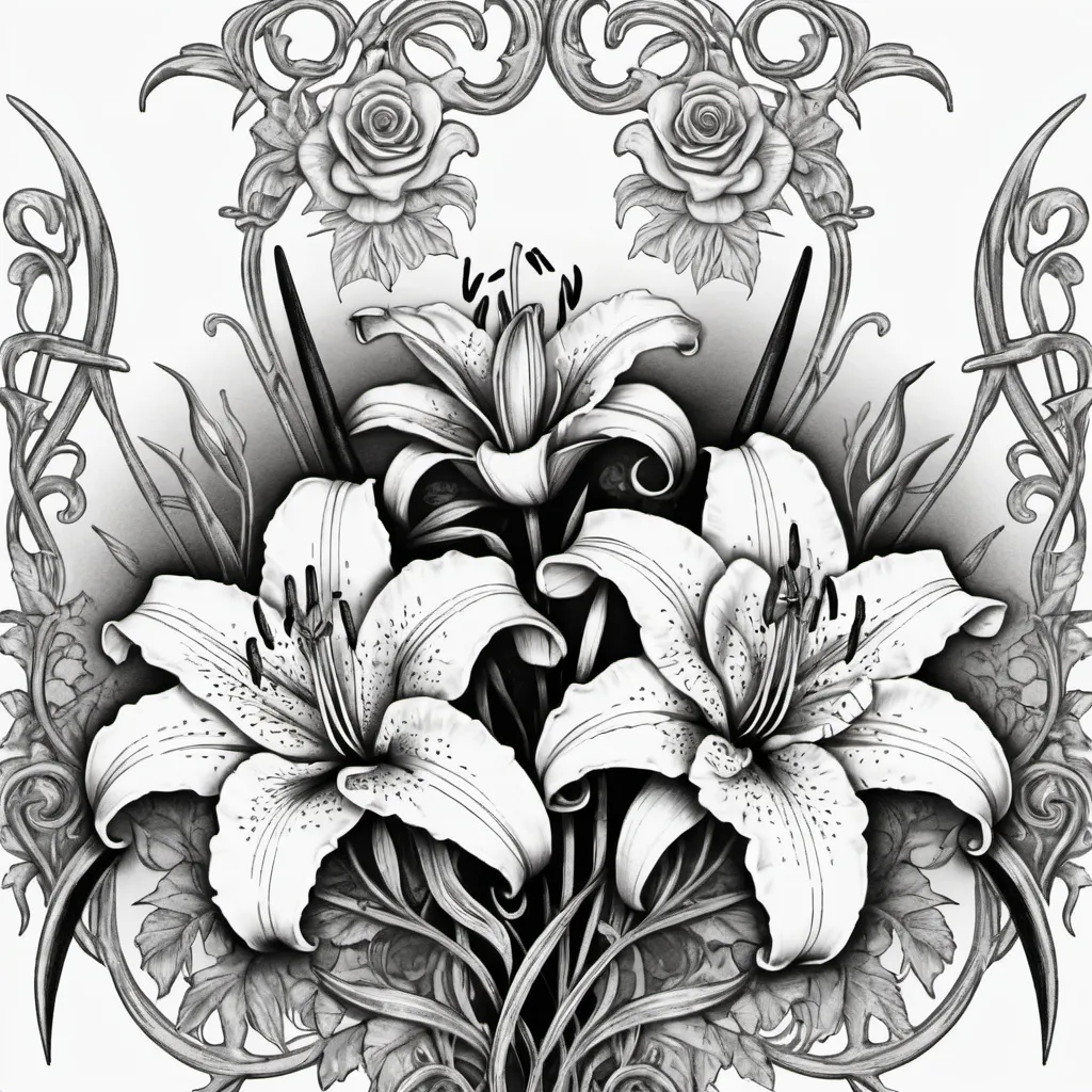 Prompt: (sketch of a  tiger lilies with roses and thorns twined down a dagger), black and white, detailed line work, intricate patterns, floral motifs, delicate shading, elegant composition, artistic design, romantic and mysterious atmosphere, vintage-style illustration, high resolution, ultra-detailed, professional art quality