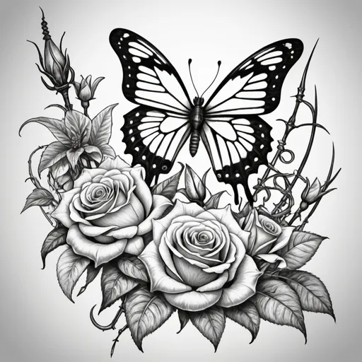 Prompt:  sketch a butterfly and tiger lillies with roses and thorns twined down a dagger  black and white 