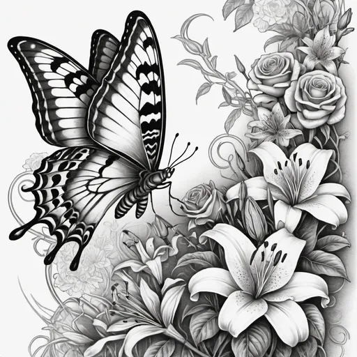 Prompt: (sketch of a butterfly and tiger lilies with roses and thorns twined down a dagger), black and white, detailed line work, intricate patterns, floral motifs, delicate shading, elegant composition, artistic design, romantic and mysterious atmosphere, vintage-style illustration, high resolution, ultra-detailed, professional art quality