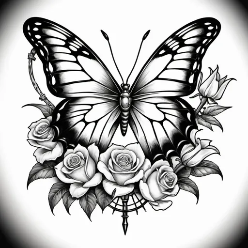 Prompt: hand drawn tattoo sketch a butterfly and tiger lillies with roses and thorns twined down a dagger  black and white 