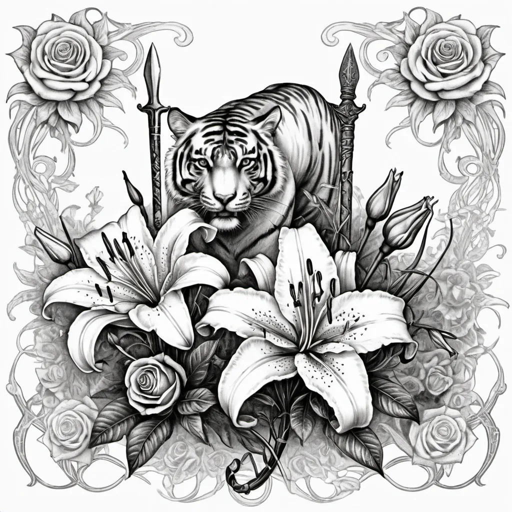 Prompt: (sketch of a  tiger lilies with roses and thorns twined down a dagger), black and white, detailed line work, intricate patterns, floral motifs, delicate shading, elegant composition, artistic design, romantic and mysterious atmosphere, vintage-style illustration, high resolution, ultra-detailed, professional art quality