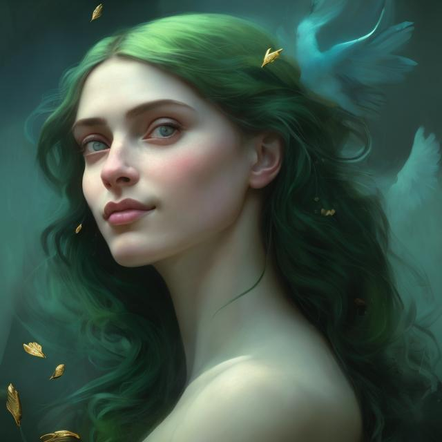 Prompt: Dreamy woman, with a cute tender smile, profile, looking at a bird. Pre-Raphaelite's Style half body painting with Katarina Vavrova & Steven Da Luz style influence. Half-body portrait, dreamy expression, expressive face, soft lighting, abstract and stylized, green background with symbolic objects symbolizing freedom, professional art quality.