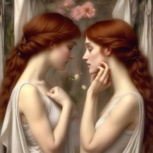 Prompt: Dreamy woman, with a cute small smile, profile, watching herself in a mirror. Thin body. Pre-Raphaelite's Style half body painting, soft light, stylized, professional art quality.