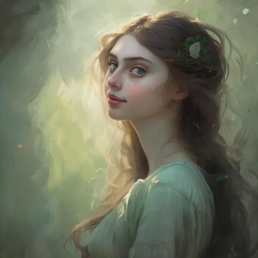 Prompt: Dreamy girl looking at something away in distance, with a cute smile. Pre-Raphaelite's Style half body portrait painting with Katarina Vavrova & Steven Da Luz style influence. Half-body portrait, dreamy expression, expressive face, soft lighting, abstract and stylized, green background with symbolic objects symbolizing freedom, professional art quality.