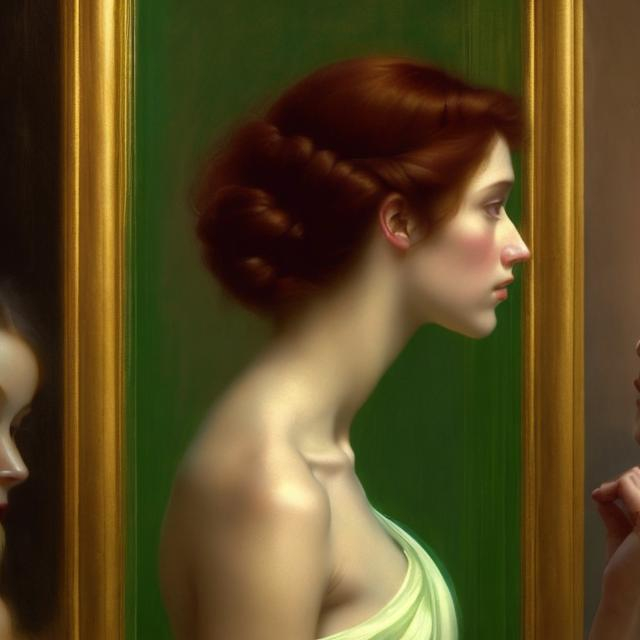 Prompt: Dreamy woman, half-body profile, watching herself in a mirror. Thin body, hair up. Pre-Raphaelite's Style half body painting, luminous, soft lighting, radiant, luminous, stylized, green background. Professional fine art quality.