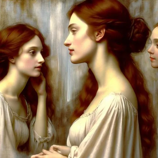 Prompt: Dreamy woman, with a cute small smile, profile, watching herself in a mirror. Thin body. Pre-Raphaelite's Style half body painting, soft light, stylized, professional art quality.