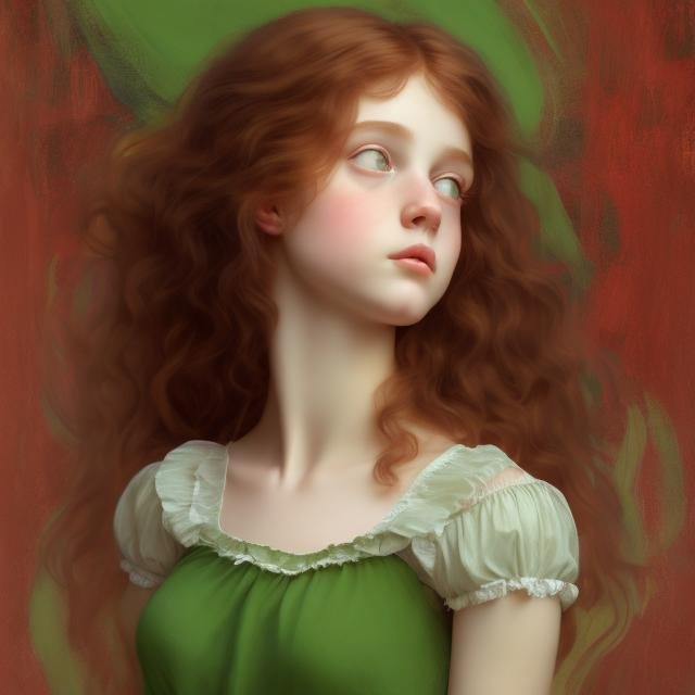 Prompt: Dreamy woman, with a cute tender smile, profile, looking in the mirror. Juvenile body, red-brown hair. Pre-Raphaelite's Style half body painting ,   Half-body portrait, dreamy expression, expressive face, soft lighting, abstract and stylized, green background with symbolic objects symbolizing freedom, professional art quality.