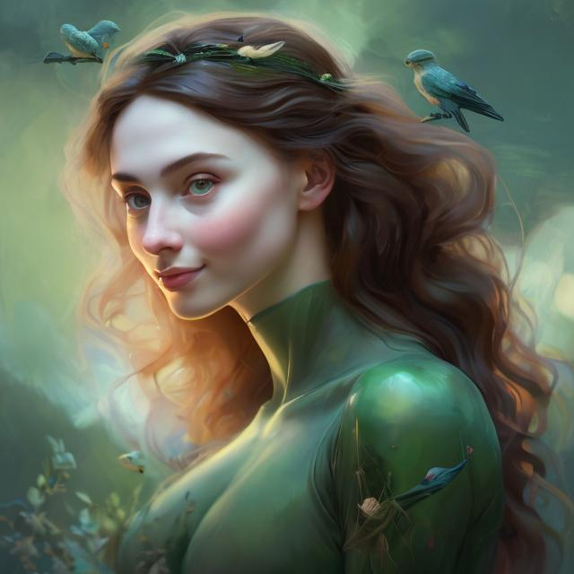 Prompt: Dreamy woman, with a cute tender smile, profile, looking at a bird. Pre-Raphaelite's Style half body painting with Katarina Vavrova & Steven Da Luz style influence. Half-body portrait, dreamy expression, expressive face, soft lighting, abstract and stylized, green background with symbolic objects symbolizing freedom, professional art quality.