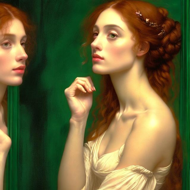 Prompt: Dreamy woman, half-body profile, watching herself in a mirror. Thin body, hair up. Pre-Raphaelite's Style half body painting, luminous, soft lighting, radiant, luminous, stylized, green background. Professional fine art quality.