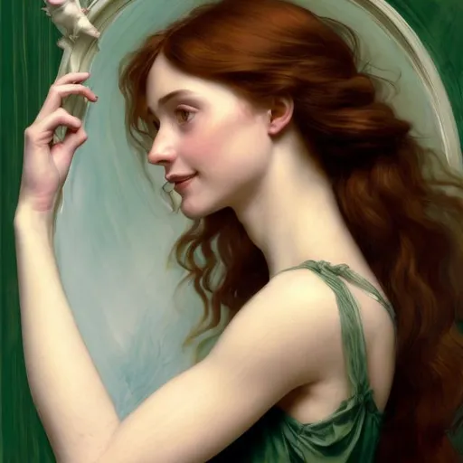 Prompt: Dreamy woman, with a cute tender smile, profile, looking at herself in a mirror. Thin body, red-brown hair. Pre-Raphaelite's Style half body painting ,   Half-body portrait, dreamy expression, expressive face, soft lighting, abstract and stylized, green background with symbolic objects symbolizing freedom, professional art quality.