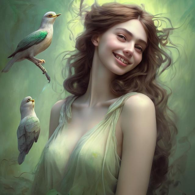 Prompt: Dreamy woman, with a cute smile, looking at a bird. Pre-Raphaelite's Style half body painting with Katarina Vavrova & Steven Da Luz style influence. Half-body portrait, dreamy expression, expressive face, soft lighting, abstract and stylized, green background with symbolic objects symbolizing freedom, professional art quality.