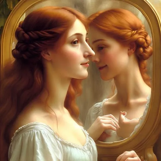 Prompt: Dreamy woman, with a cute tender smile, profile, watching herself in a mirror. Thin body. Pre-Raphaelite's Style half body painting, soft light, stylized, professional art quality.