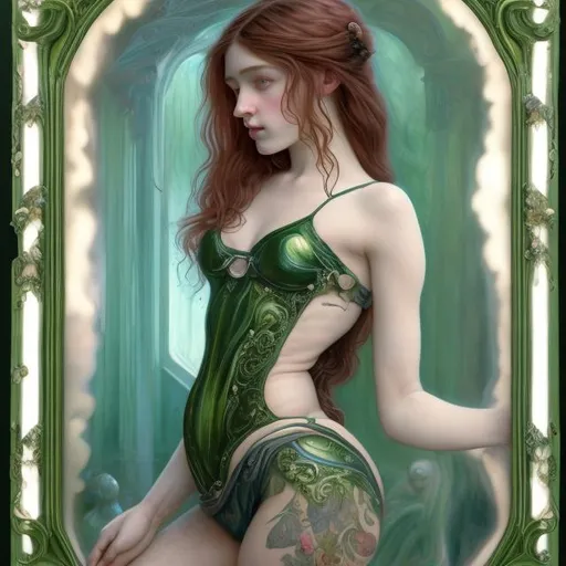 Prompt:  Pre-Raphaelite's Style half body painting. Dreamy modern girl with a slight smile, half-body 3/4 profile, watching herself in a mirror. Thin body, shaved  hair, piercings and tattoo on arm and neck. Pre-Raphaelite's Style half body painting, luminous, soft lighting, radiant, luminous, stylized, green background. Professional fine art quality.