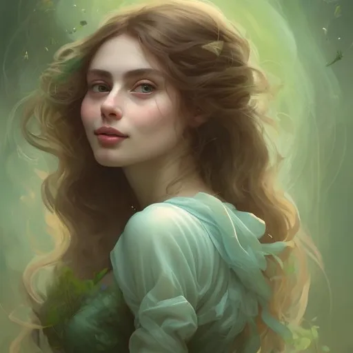 Prompt: Dreamy woman, with a cute tender smile, looking at a bird. Pre-Raphaelite's Style half body painting with Katarina Vavrova & Steven Da Luz style influence. Half-body portrait, dreamy expression, expressive face, soft lighting, abstract and stylized, green background with symbolic objects symbolizing freedom, professional art quality.