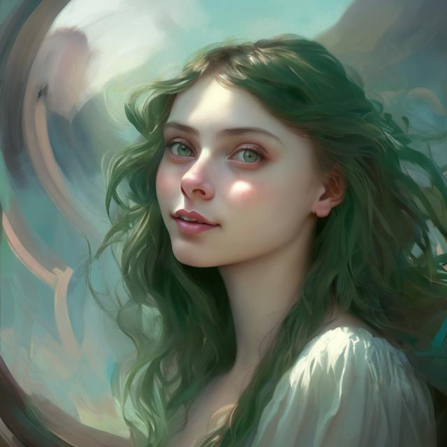 Prompt: Dreamy girl looking at something away in distance, with a cute smile. Pre-Raphaelite's Style half body portrait painting with Katarina Vavrova & Steven Da Luz style influence. Half-body portrait, dreamy expression, expressive face, soft lighting, abstract and stylized, green background with symbolic objects symbolizing freedom, professional art quality.