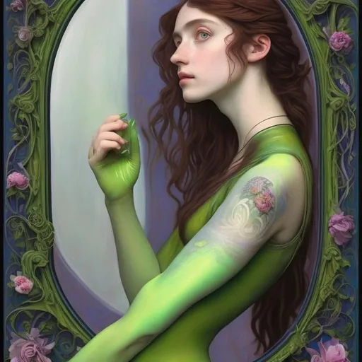 Prompt:  Pre-Raphaelite's Style half body painting. Dreamy modern girl with a slight smile, half-body 3/4 profile, watching herself in a mirror. Thin body, shaved  hair, piercings and tattoo on arm and neck. Pre-Raphaelite's Style half body painting, luminous, soft lighting, radiant, luminous, stylized, green background. Professional fine art quality.