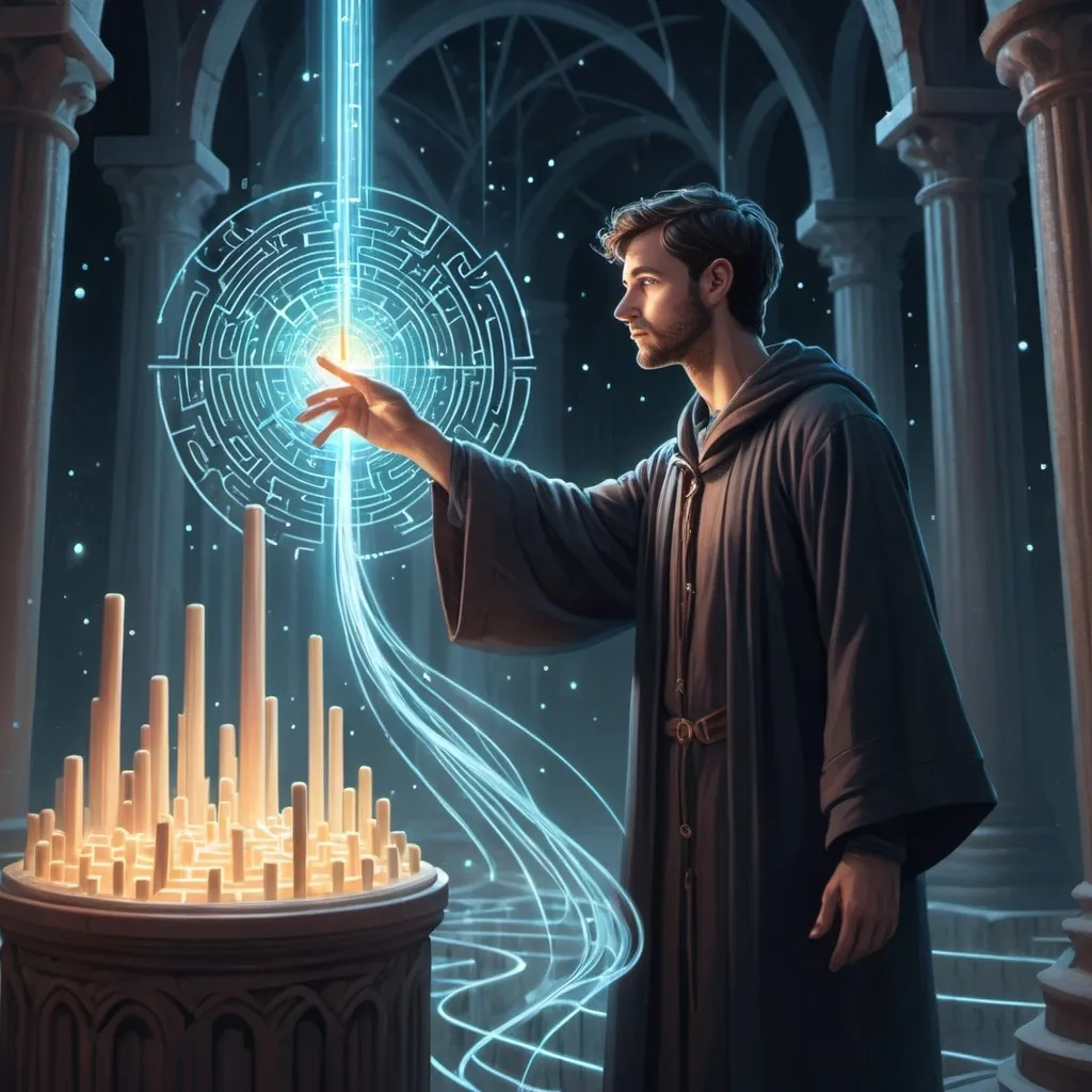 Prompt: A data scientist, overwhelmed by a vast, complex database, is reaching out for a magical solution. A glowing, mystical wand appears in their hand, symbolizing the ease and efficiency brought by DBeaver. The database is represented by a labyrinth of interconnected tables and columns.