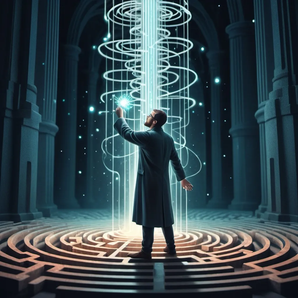 Prompt: A data scientist, overwhelmed by a vast, complex database, is reaching out for a magical solution. A glowing, mystical wand appears in their hand, symbolizing the ease and efficiency brought by DBeaver. The database is represented by a labyrinth of interconnected tables and columns.