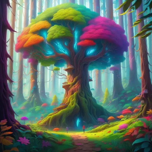 Prompt: In a forest with extraordinary trees and plants that are vibrant and colorful.