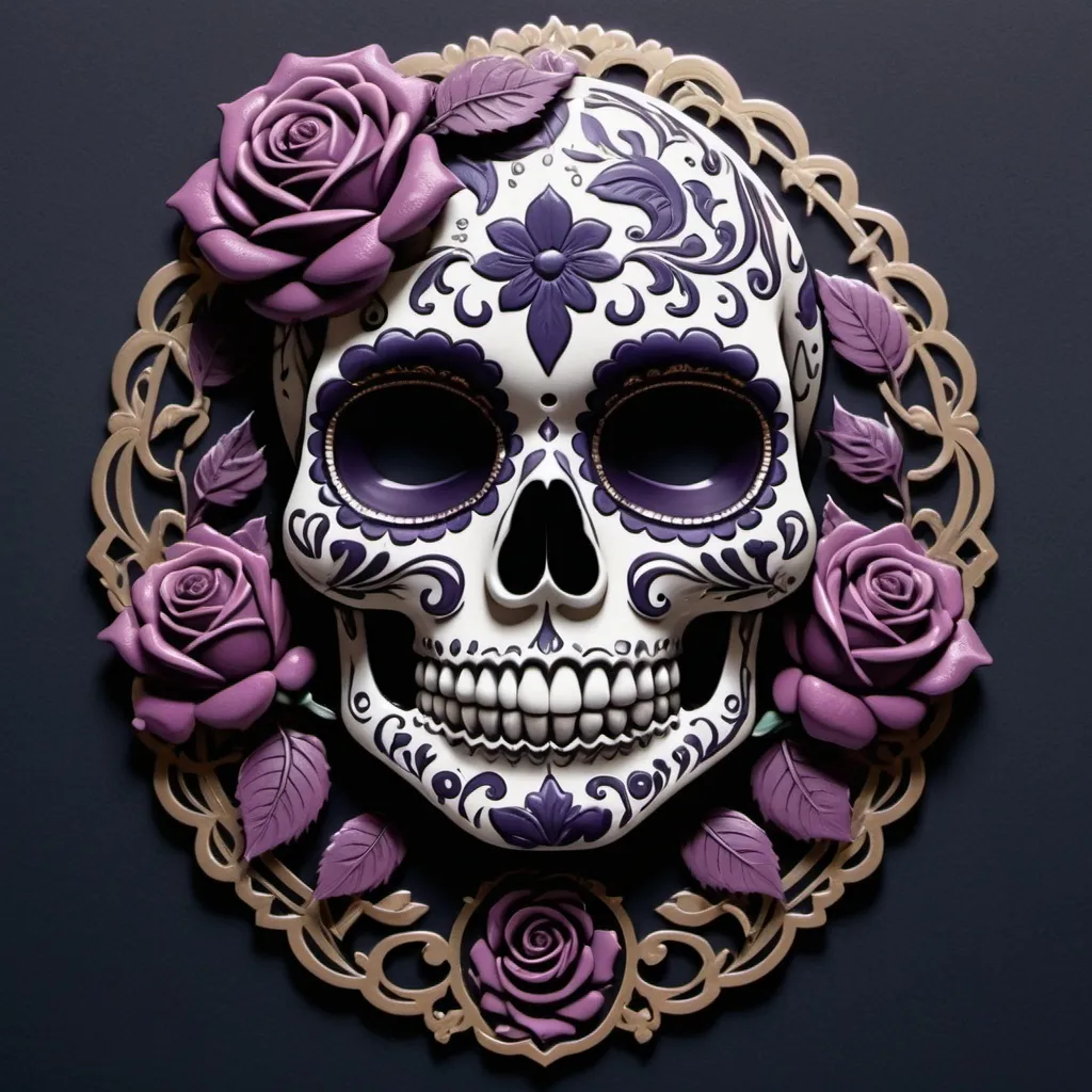 Prompt: Render a stunning, high-contrast sticker design featuring a intricately detailed sugar skull adorned with lush, velvety roses, set against a rich, dark background that gradiently shifts from deep blues to purples, evoking a mysterious, romantic ambiance. The skull's facial structure is delicate, with ornate filigree patterns etched into its forehead, nose, and jawline, while the roses are depicted in various stages of bloom, their petals soft and delicate, with subtle texture and gentle folds. The entire design is framed by a thin, ornate border, reminiscent of antique lace, with subtle hints of gold and copper accents that catch the light. The overall aesthetic is a mesmerizing blend of Gothic romance and whimsical beauty, with bold lines, delicate textures, and a striking color palette that demands attention.