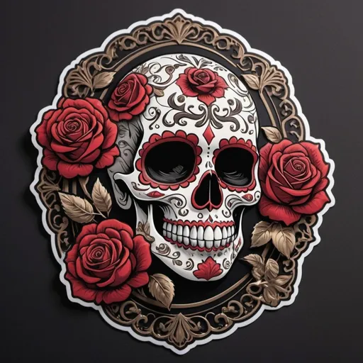 Prompt: Create a captivating, high-contrast sticker design featuring an intricately detailed sugar skull adorned with lush, velvety roses, set against a rich, dark background that gradiently shifts from deep reds to deep maroons, evoking a mysterious, passionate ambiance. The skull's facial structure is delicate, with ornate filigree patterns etched into its forehead, nose, and jawline, while the roses are depicted in various stages of bloom, their petals soft and delicate, with subtle texture and gentle folds. The entire design is framed by a thin, ornate border, reminiscent of antique lace, with subtle hints of gold and copper accents that catch the light. The overall aesthetic is a mesmerizing blend of Gothic romance and fiery elegance, with bold lines, delicate textures, and a striking red color palette that demands attention.