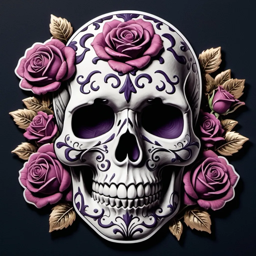 Prompt: Render a stunning, high-contrast sticker design featuring a intricately detailed sugar skull adorned with lush, velvety roses, set against a rich, dark background that gradiently shifts from deep blues to purples, evoking a mysterious, romantic ambiance. The skull's facial structure is delicate, with ornate filigree patterns etched into its forehead, nose, and jawline, while the roses are depicted in various stages of bloom, their petals soft and delicate, with subtle texture and gentle folds. The entire design is framed by a thin, ornate border, reminiscent of antique lace, with subtle hints of gold and copper accents that catch the light. The overall aesthetic is a mesmerizing blend of Gothic romance and whimsical beauty, with bold lines, delicate textures, and a striking color palette that demands attention.