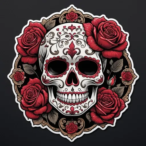 Prompt: Create a captivating, high-contrast sticker design featuring an intricately detailed sugar skull adorned with lush, velvety roses, set against a rich, dark background that gradiently shifts from deep reds to deep maroons, evoking a mysterious, passionate ambiance. The skull's facial structure is delicate, with ornate filigree patterns etched into its forehead, nose, and jawline, while the roses are depicted in various stages of bloom, their petals soft and delicate, with subtle texture and gentle folds. The entire design is framed by a thin, ornate border, reminiscent of antique lace, with subtle hints of gold and copper accents that catch the light. The overall aesthetic is a mesmerizing blend of Gothic romance and fiery elegance, with bold lines, delicate textures, and a striking red color palette that demands attention.