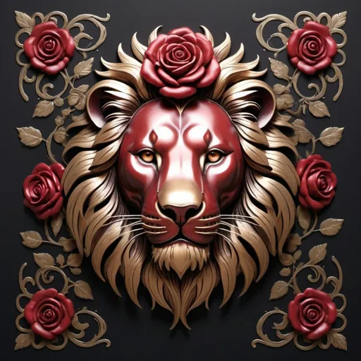 Prompt: "Create a captivating, high-contrast sticker design featuring an intricately detailed stencil design of a lion's head adorned with lush, velvety roses, set against a rich, dark background that gradiently shifts from deep reds to deep maroons, evoking a mysterious, passionate ambiance. The lion's facial structure is powerful and majestic, with ornate filigree patterns etched into its mane, forehead, and jawline, while the roses are depicted in various stages of bloom, their petals soft and delicate, with subtle texture and gentle folds. The entire design is framed by a thin, ornate border, reminiscent of antique lace, with subtle hints of gold and copper accents that catch the light. The overall aesthetic is a mesmerizing blend of Gothic romance and fiery elegance, with bold lines, delicate textures, and a striking red color palette that demands attention."