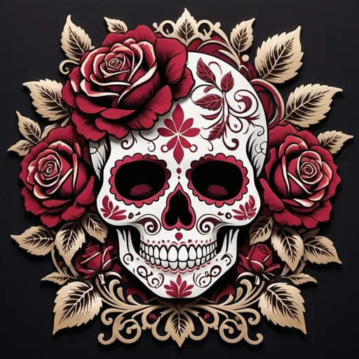 Prompt: Create a captivating, high-contrast sticker design featuring an intricately detailed sugar skull adorned with lush, velvety roses, set against a rich, dark background that gradiently shifts from deep reds to deep maroons, evoking a mysterious, passionate ambiance. The skull's facial structure is delicate, with ornate filigree patterns etched into its forehead, nose, and jawline, while the roses are depicted in various stages of bloom, their petals soft and delicate, with subtle texture and gentle folds. The entire design is framed by a thin, ornate border, reminiscent of antique lace, with subtle hints of gold and copper accents that catch the light. The overall aesthetic is a mesmerizing blend of Gothic romance and fiery elegance, with bold lines, delicate textures, and a striking red color palette that demands attention.