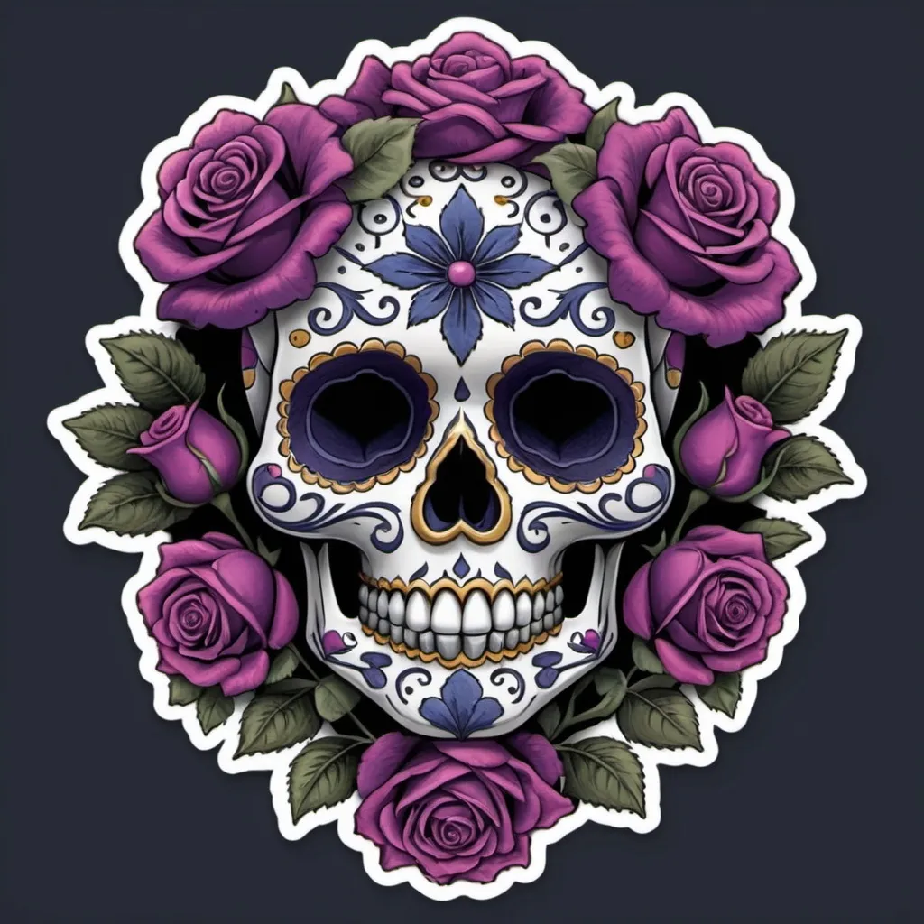 Prompt: Render a stunning, high-contrast sticker design featuring a intricately detailed sugar skull adorned with lush, velvety roses, set against a rich, dark background that gradiently shifts from deep blues to purples, evoking a mysterious, romantic ambiance. The skull's facial structure is delicate, with ornate filigree patterns etched into its forehead, nose, and jawline, while the roses are depicted in various stages of bloom, their petals soft and delicate, with subtle texture and gentle folds. The entire design is framed by a thin, ornate border, reminiscent of antique lace, with subtle hints of gold and copper accents that catch the light. The overall aesthetic is a mesmerizing blend of Gothic romance and whimsical beauty, with bold lines, delicate textures, and a striking color palette that demands attention.