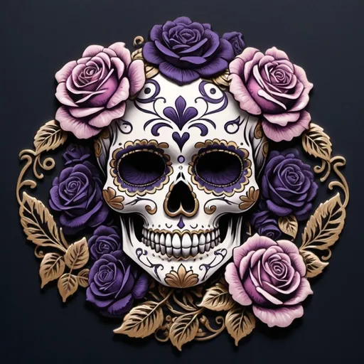 Prompt: Render a stunning, high-contrast sticker design featuring a intricately detailed sugar skull adorned with lush, velvety roses, set against a rich, dark background that gradiently shifts from deep blues to purples, evoking a mysterious, romantic ambiance. The skull's facial structure is delicate, with ornate filigree patterns etched into its forehead, nose, and jawline, while the roses are depicted in various stages of bloom, their petals soft and delicate, with subtle texture and gentle folds. The entire design is framed by a thin, ornate border, reminiscent of antique lace, with subtle hints of gold and copper accents that catch the light. The overall aesthetic is a mesmerizing blend of Gothic romance and whimsical beauty, with bold lines, delicate textures, and a striking color palette that demands attention.