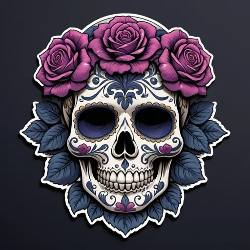 Prompt: Render a stunning, high-contrast sticker design featuring a intricately detailed sugar skull adorned with lush, velvety roses, set against a rich, dark background that gradiently shifts from deep blues to purples, evoking a mysterious, romantic ambiance. The skull's facial structure is delicate, with ornate filigree patterns etched into its forehead, nose, and jawline, while the roses are depicted in various stages of bloom, their petals soft and delicate, with subtle texture and gentle folds. The entire design is framed by a thin, ornate border, reminiscent of antique lace, with subtle hints of gold and copper accents that catch the light. The overall aesthetic is a mesmerizing blend of Gothic romance and whimsical beauty, with bold lines, delicate textures, and a striking color palette that demands attention.