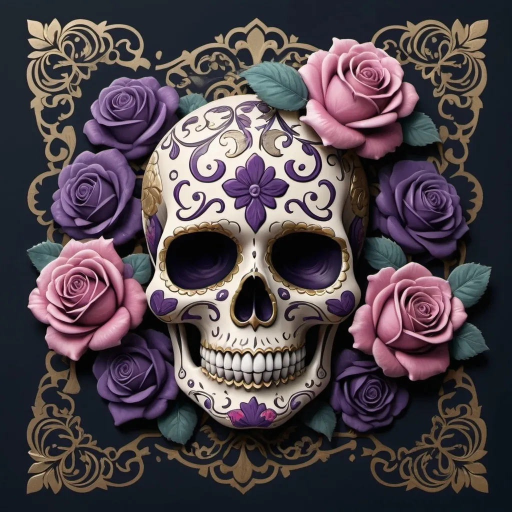 Prompt: Render a stunning, high-contrast sticker design featuring a intricately detailed sugar skull adorned with lush, velvety roses, set against a rich, dark background that gradiently shifts from deep blues to purples, evoking a mysterious, romantic ambiance. The skull's facial structure is delicate, with ornate filigree patterns etched into its forehead, nose, and jawline, while the roses are depicted in various stages of bloom, their petals soft and delicate, with subtle texture and gentle folds. The entire design is framed by a thin, ornate border, reminiscent of antique lace, with subtle hints of gold and copper accents that catch the light. The overall aesthetic is a mesmerizing blend of Gothic romance and whimsical beauty, with bold lines, delicate textures, and a striking color palette that demands attention.