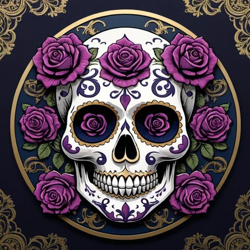 Prompt: Render a stunning, high-contrast sticker design featuring a intricately detailed sugar skull adorned with lush, velvety roses, set against a rich, dark background that gradiently shifts from deep blues to purples, evoking a mysterious, romantic ambiance. The skull's facial structure is delicate, with ornate filigree patterns etched into its forehead, nose, and jawline, while the roses are depicted in various stages of bloom, their petals soft and delicate, with subtle texture and gentle folds. The entire design is framed by a thin, ornate border, reminiscent of antique lace, with subtle hints of gold and copper accents that catch the light. The overall aesthetic is a mesmerizing blend of Gothic romance and whimsical beauty, with bold lines, delicate textures, and a striking color palette that demands attention.