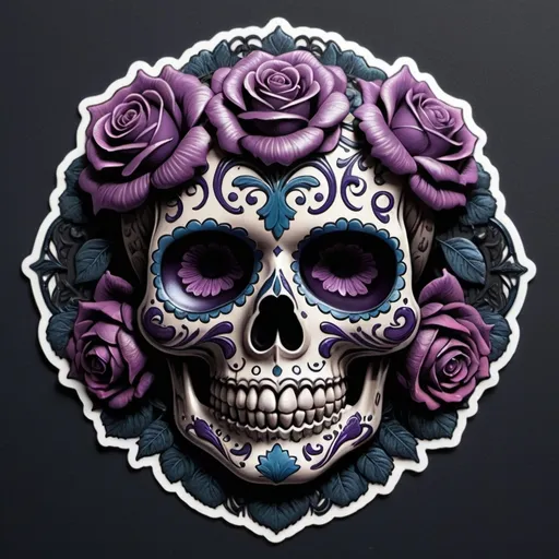 Prompt: Render a stunning, high-contrast sticker design featuring a intricately detailed sugar skull adorned with lush, velvety roses, set against a rich, dark background that gradiently shifts from deep blues to purples, evoking a mysterious, romantic ambiance. The skull's facial structure is delicate, with ornate filigree patterns etched into its forehead, nose, and jawline, while the roses are depicted in various stages of bloom, their petals soft and delicate, with subtle texture and gentle folds. The entire design is framed by a thin, ornate border, reminiscent of antique lace, with subtle hints of gold and copper accents that catch the light. The overall aesthetic is a mesmerizing blend of Gothic romance and whimsical beauty, with bold lines, delicate textures, and a striking color palette that demands attention.