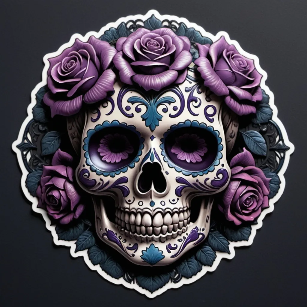 Prompt: Render a stunning, high-contrast sticker design featuring a intricately detailed sugar skull adorned with lush, velvety roses, set against a rich, dark background that gradiently shifts from deep blues to purples, evoking a mysterious, romantic ambiance. The skull's facial structure is delicate, with ornate filigree patterns etched into its forehead, nose, and jawline, while the roses are depicted in various stages of bloom, their petals soft and delicate, with subtle texture and gentle folds. The entire design is framed by a thin, ornate border, reminiscent of antique lace, with subtle hints of gold and copper accents that catch the light. The overall aesthetic is a mesmerizing blend of Gothic romance and whimsical beauty, with bold lines, delicate textures, and a striking color palette that demands attention.