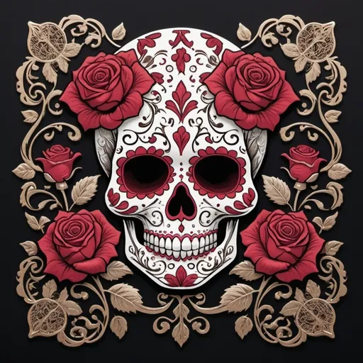 Prompt: Create a captivating, high-contrast sticker design featuring an intricately detailed sugar skull adorned with lush, velvety roses, set against a rich, dark background that gradiently shifts from deep reds to deep maroons, evoking a mysterious, passionate ambiance. The skull's facial structure is delicate, with ornate filigree patterns etched into its forehead, nose, and jawline, while the roses are depicted in various stages of bloom, their petals soft and delicate, with subtle texture and gentle folds. The entire design is framed by a thin, ornate border, reminiscent of antique lace, with subtle hints of gold and copper accents that catch the light. The overall aesthetic is a mesmerizing blend of Gothic romance and fiery elegance, with bold lines, delicate textures, and a striking red color palette that demands attention.