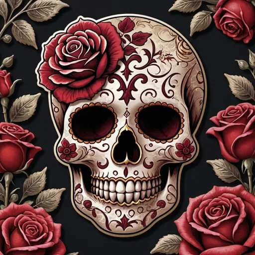 Prompt: Create a captivating, high-contrast sticker design featuring an intricately detailed sugar skull adorned with lush, velvety roses, set against a rich, dark background that gradiently shifts from deep reds to deep maroons, evoking a mysterious, passionate ambiance. The skull's facial structure is delicate, with ornate filigree patterns etched into its forehead, nose, and jawline, while the roses are depicted in various stages of bloom, their petals soft and delicate, with subtle texture and gentle folds. The entire design is framed by a thin, ornate border, reminiscent of antique lace, with subtle hints of gold and copper accents that catch the light. The overall aesthetic is a mesmerizing blend of Gothic romance and fiery elegance, with bold lines, delicate textures, and a striking red color palette that demands attention.