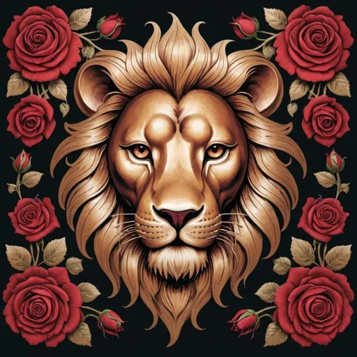 Prompt: "Create a captivating, high-contrast sticker design featuring an intricately detailed stencil design of a lion's head adorned with lush, velvety roses, set against a rich, dark background that gradiently shifts from deep reds to deep maroons, evoking a mysterious, passionate ambiance. The lion's facial structure is powerful and majestic, with ornate filigree patterns etched into its mane, forehead, and jawline, while the roses are depicted in various stages of bloom, their petals soft and delicate, with subtle texture and gentle folds. The entire design is framed by a thin, ornate border, reminiscent of antique lace, with subtle hints of gold and copper accents that catch the light. The overall aesthetic is a mesmerizing blend of Gothic romance and fiery elegance, with bold lines, delicate textures, and a striking red color palette that demands attention."