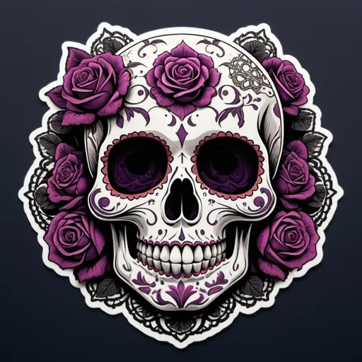 Prompt: Render a stunning, high-contrast sticker design featuring a intricately detailed sugar skull adorned with lush, velvety roses, set against a rich, dark background that gradiently shifts from deep blues to purples, evoking a mysterious, romantic ambiance. The skull's facial structure is delicate, with ornate filigree patterns etched into its forehead, nose, and jawline, while the roses are depicted in various stages of bloom, their petals soft and delicate, with subtle texture and gentle folds. The entire design is framed by a thin, ornate border, reminiscent of antique lace, with subtle hints of gold and copper accents that catch the light. The overall aesthetic is a mesmerizing blend of Gothic romance and whimsical beauty, with bold lines, delicate textures, and a striking color palette that demands attention.