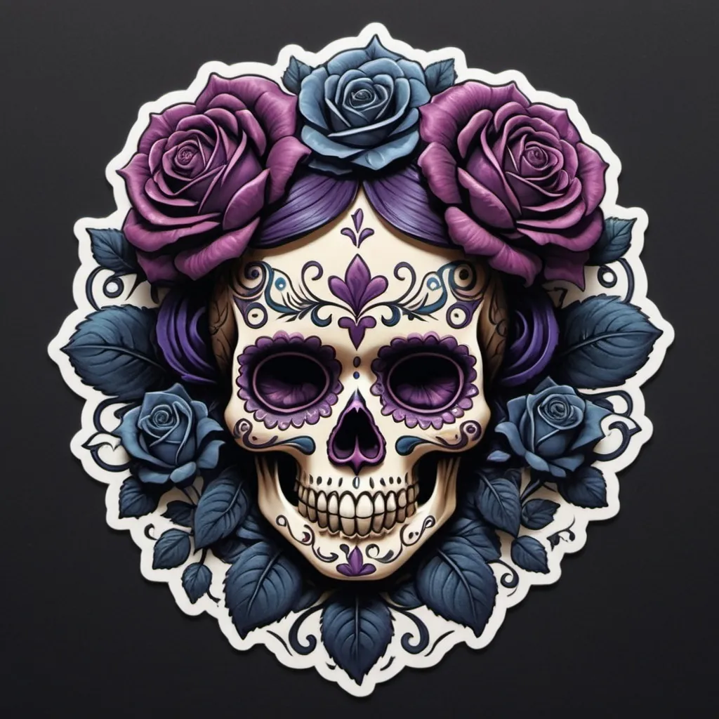 Prompt: Render a stunning, high-contrast sticker design featuring a intricately detailed sugar skull adorned with lush, velvety roses, set against a rich, dark background that gradiently shifts from deep blues to purples, evoking a mysterious, romantic ambiance. The skull's facial structure is delicate, with ornate filigree patterns etched into its forehead, nose, and jawline, while the roses are depicted in various stages of bloom, their petals soft and delicate, with subtle texture and gentle folds. The entire design is framed by a thin, ornate border, reminiscent of antique lace, with subtle hints of gold and copper accents that catch the light. The overall aesthetic is a mesmerizing blend of Gothic romance and whimsical beauty, with bold lines, delicate textures, and a striking color palette that demands attention.