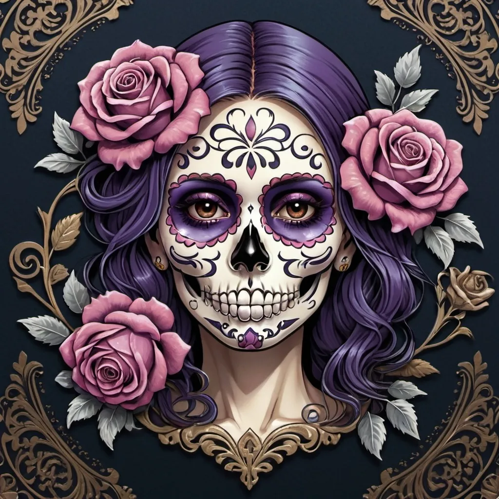 Prompt: Render a stunning, high-contrast sticker design featuring a intricately detailed sugar skull adorned with lush, velvety roses, set against a rich, dark background that gradiently shifts from deep blues to purples, evoking a mysterious, romantic ambiance. The skull's facial structure is delicate, with ornate filigree patterns etched into its forehead, nose, and jawline, while the roses are depicted in various stages of bloom, their petals soft and delicate, with subtle texture and gentle folds. The entire design is framed by a thin, ornate border, reminiscent of antique lace, with subtle hints of gold and copper accents that catch the light. The overall aesthetic is a mesmerizing blend of Gothic romance and whimsical beauty, with bold lines, delicate textures, and a striking color palette that demands attention.