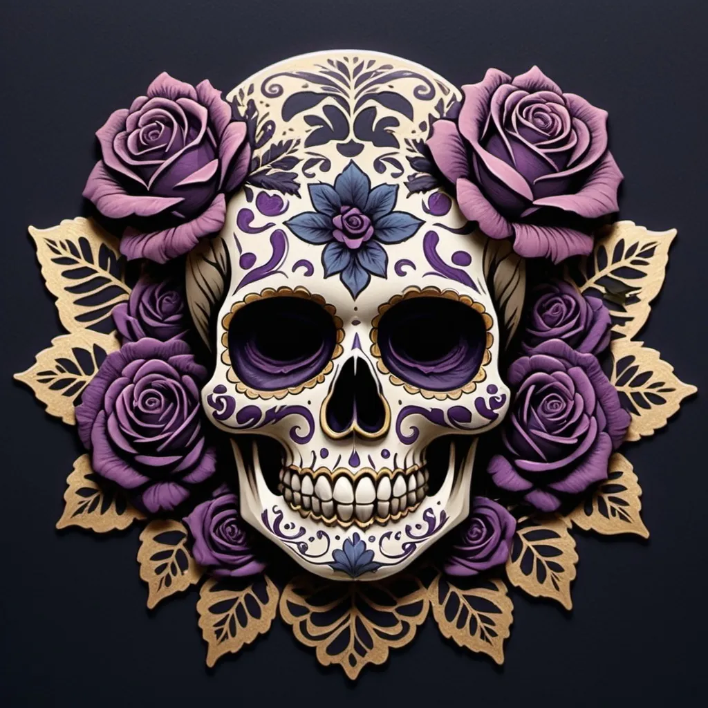 Prompt: Render a stunning, high-contrast sticker design featuring a intricately detailed sugar skull adorned with lush, velvety roses, set against a rich, dark background that gradiently shifts from deep blues to purples, evoking a mysterious, romantic ambiance. The skull's facial structure is delicate, with ornate filigree patterns etched into its forehead, nose, and jawline, while the roses are depicted in various stages of bloom, their petals soft and delicate, with subtle texture and gentle folds. The entire design is framed by a thin, ornate border, reminiscent of antique lace, with subtle hints of gold and copper accents that catch the light. The overall aesthetic is a mesmerizing blend of Gothic romance and whimsical beauty, with bold lines, delicate textures, and a striking color palette that demands attention.