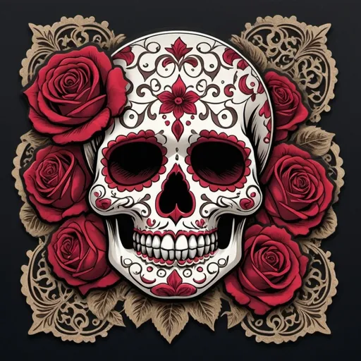 Prompt: Create a captivating, high-contrast sticker design featuring an intricately detailed sugar skull adorned with lush, velvety roses, set against a rich, dark background that gradiently shifts from deep reds to deep maroons, evoking a mysterious, passionate ambiance. The skull's facial structure is delicate, with ornate filigree patterns etched into its forehead, nose, and jawline, while the roses are depicted in various stages of bloom, their petals soft and delicate, with subtle texture and gentle folds. The entire design is framed by a thin, ornate border, reminiscent of antique lace, with subtle hints of gold and copper accents that catch the light. The overall aesthetic is a mesmerizing blend of Gothic romance and fiery elegance, with bold lines, delicate textures, and a striking red color palette that demands attention.