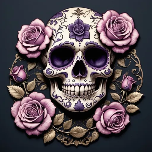 Prompt: Render a stunning, high-contrast sticker design featuring a intricately detailed sugar skull adorned with lush, velvety roses, set against a rich, dark background that gradiently shifts from deep blues to purples, evoking a mysterious, romantic ambiance. The skull's facial structure is delicate, with ornate filigree patterns etched into its forehead, nose, and jawline, while the roses are depicted in various stages of bloom, their petals soft and delicate, with subtle texture and gentle folds. The entire design is framed by a thin, ornate border, reminiscent of antique lace, with subtle hints of gold and copper accents that catch the light. The overall aesthetic is a mesmerizing blend of Gothic romance and whimsical beauty, with bold lines, delicate textures, and a striking color palette that demands attention.