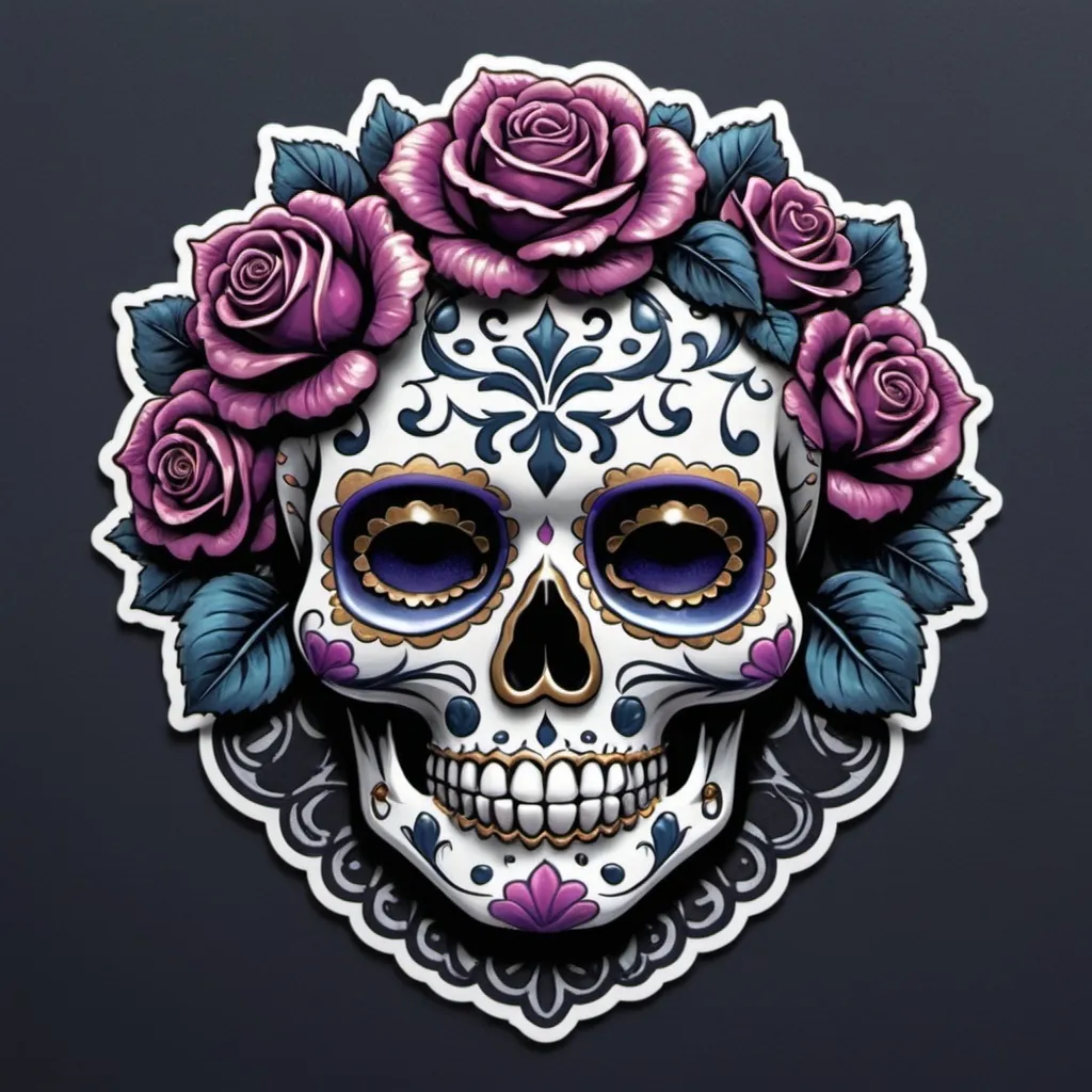 Prompt: Render a stunning, high-contrast sticker design featuring a intricately detailed sugar skull adorned with lush, velvety roses, set against a rich, dark background that gradiently shifts from deep blues to purples, evoking a mysterious, romantic ambiance. The skull's facial structure is delicate, with ornate filigree patterns etched into its forehead, nose, and jawline, while the roses are depicted in various stages of bloom, their petals soft and delicate, with subtle texture and gentle folds. The entire design is framed by a thin, ornate border, reminiscent of antique lace, with subtle hints of gold and copper accents that catch the light. The overall aesthetic is a mesmerizing blend of Gothic romance and whimsical beauty, with bold lines, delicate textures, and a striking color palette that demands attention.