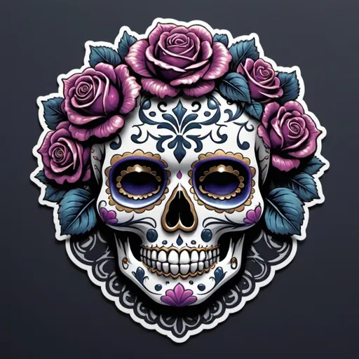 Prompt: Render a stunning, high-contrast sticker design featuring a intricately detailed sugar skull adorned with lush, velvety roses, set against a rich, dark background that gradiently shifts from deep blues to purples, evoking a mysterious, romantic ambiance. The skull's facial structure is delicate, with ornate filigree patterns etched into its forehead, nose, and jawline, while the roses are depicted in various stages of bloom, their petals soft and delicate, with subtle texture and gentle folds. The entire design is framed by a thin, ornate border, reminiscent of antique lace, with subtle hints of gold and copper accents that catch the light. The overall aesthetic is a mesmerizing blend of Gothic romance and whimsical beauty, with bold lines, delicate textures, and a striking color palette that demands attention.