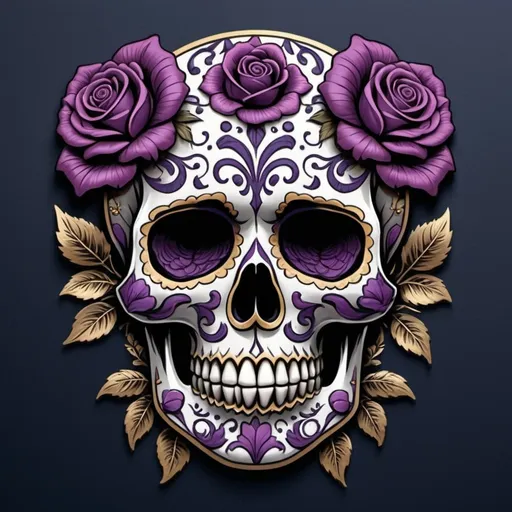 Prompt: Render a stunning, high-contrast sticker design featuring a intricately detailed sugar skull adorned with lush, velvety roses, set against a rich, dark background that gradiently shifts from deep blues to purples, evoking a mysterious, romantic ambiance. The skull's facial structure is delicate, with ornate filigree patterns etched into its forehead, nose, and jawline, while the roses are depicted in various stages of bloom, their petals soft and delicate, with subtle texture and gentle folds. The entire design is framed by a thin, ornate border, reminiscent of antique lace, with subtle hints of gold and copper accents that catch the light. The overall aesthetic is a mesmerizing blend of Gothic romance and whimsical beauty, with bold lines, delicate textures, and a striking color palette that demands attention.