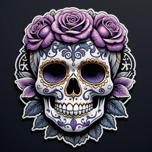 Prompt: Render a stunning, high-contrast sticker design featuring a intricately detailed sugar skull adorned with lush, velvety roses, set against a rich, dark background that gradiently shifts from deep blues to purples, evoking a mysterious, romantic ambiance. The skull's facial structure is delicate, with ornate filigree patterns etched into its forehead, nose, and jawline, while the roses are depicted in various stages of bloom, their petals soft and delicate, with subtle texture and gentle folds. The entire design is framed by a thin, ornate border, reminiscent of antique lace, with subtle hints of gold and copper accents that catch the light. The overall aesthetic is a mesmerizing blend of Gothic romance and whimsical beauty, with bold lines, delicate textures, and a striking color palette that demands attention.